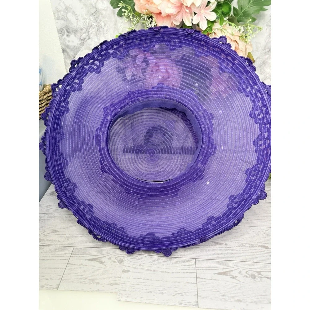 Mr Hi's Classic‎ Purple Wide Brim Lace Hat Ribbon Net Rhinestones Vintage 1970s